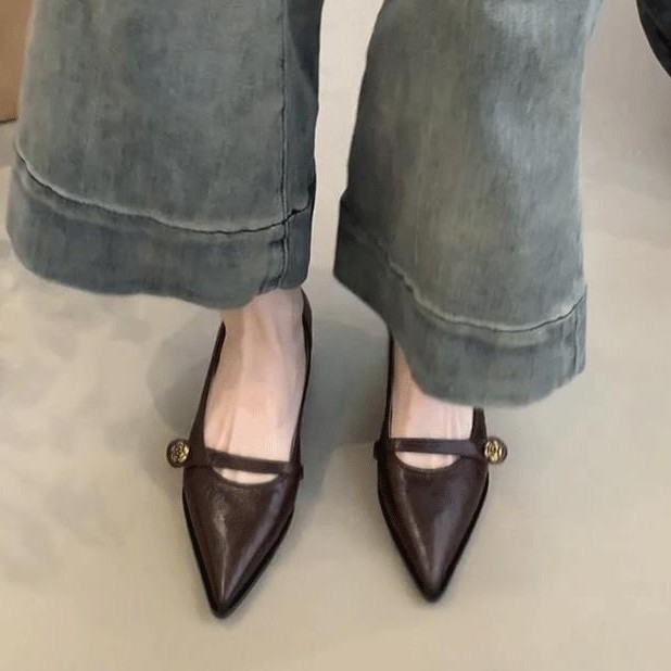 Versión de cuero de vaca ~ primavera y otoño estilo francés de tacones altos de punta, zapatos de tacones altos, zapatos poco profundos para mujeres, zapatos de talón grueso