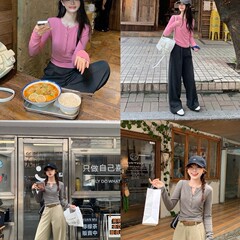 切糕自制小个子早秋新款女长袖t恤针织衫打底衫粉色内搭上衣