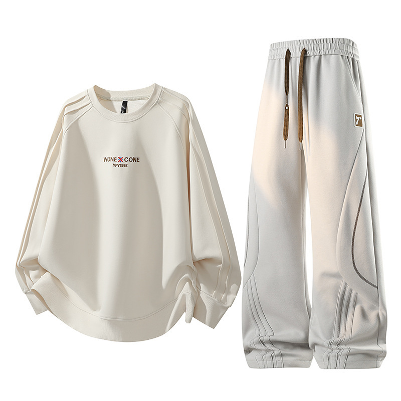 Plus-size men's spring and autumn set featuring a ribbed, three-dimensional embroidered design on a round-neck sweatshirt and long cotton pants Plus-size men's spring and autumn set featuring a ribbed, three-dimensional embroidered design on a round-neck sweatshirt and long cotton pants