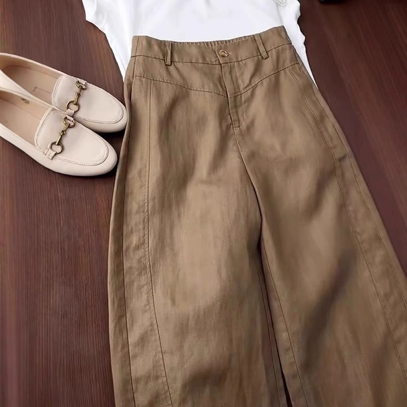 This Year's Popular Lazy Style High-Waisted Wide-Leg Pants for Women in Summer Brown Tencel Linen Loose and Comfortable Casual Pants