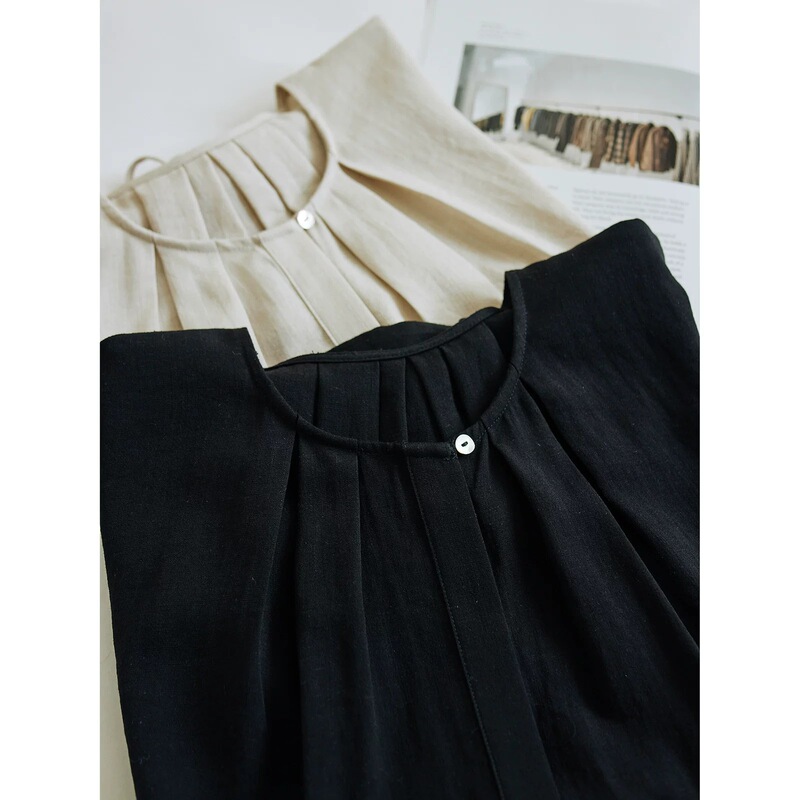 Artistic and Relaxed Style~ Matte Texture Linen Shirt with Round Neck, Pleated Batwing Short Sleeves, and Elegant Flutter Sleeves for Women