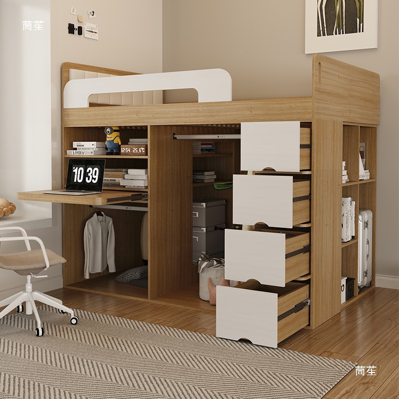 Small Apartment Half-Height Bed with Under-Bed Cabinet and Guardrail Children's Bed 1.2m Elevated Box Wardrobe Bed with Integrated Sliding Desk