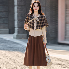 复古港风套装裙女2025秋季新款长袖法式拼接格纹抖蓬半身裙两件套