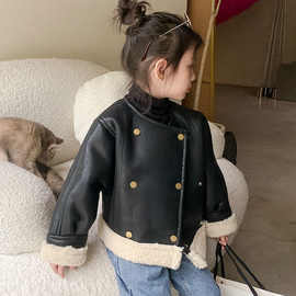 韩版女童皮衣外套秋春季加绒仿羊羔绒儿童机车夹克宝宝双排扣上衣