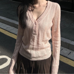 【】早秋时尚领毛织上衣女2025竖坑条螺纹镂空针织衫粉色其它
