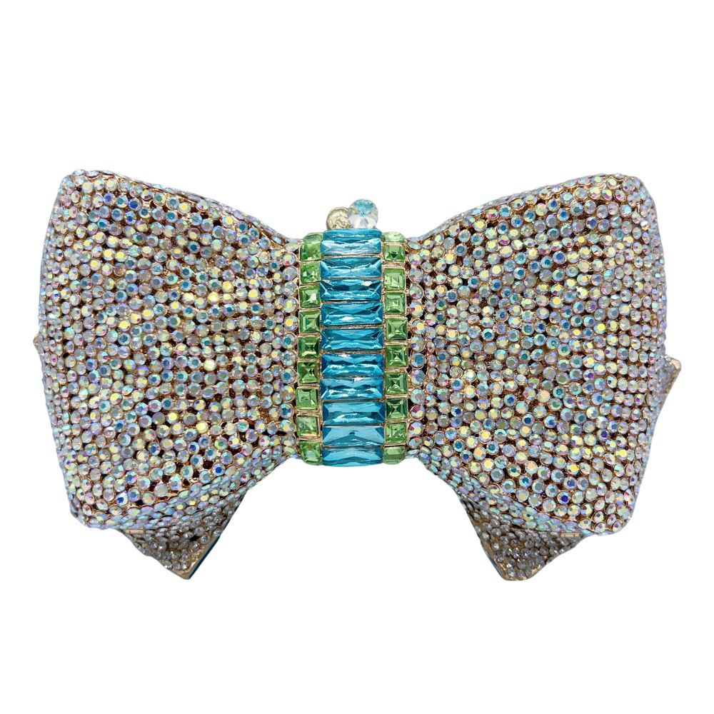 Bolsa de piedra arco nuevo bolso de mano bolso de diamante arco bolso de cena metal bolso de mujer plata