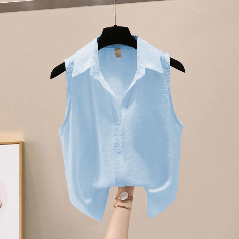 2023 [Covering the Flesh and Slimming Look] Summer New Style Korean Style Foreign Style Versatile Slimming Look Sleeveless Shirt Pure Color Chiffon