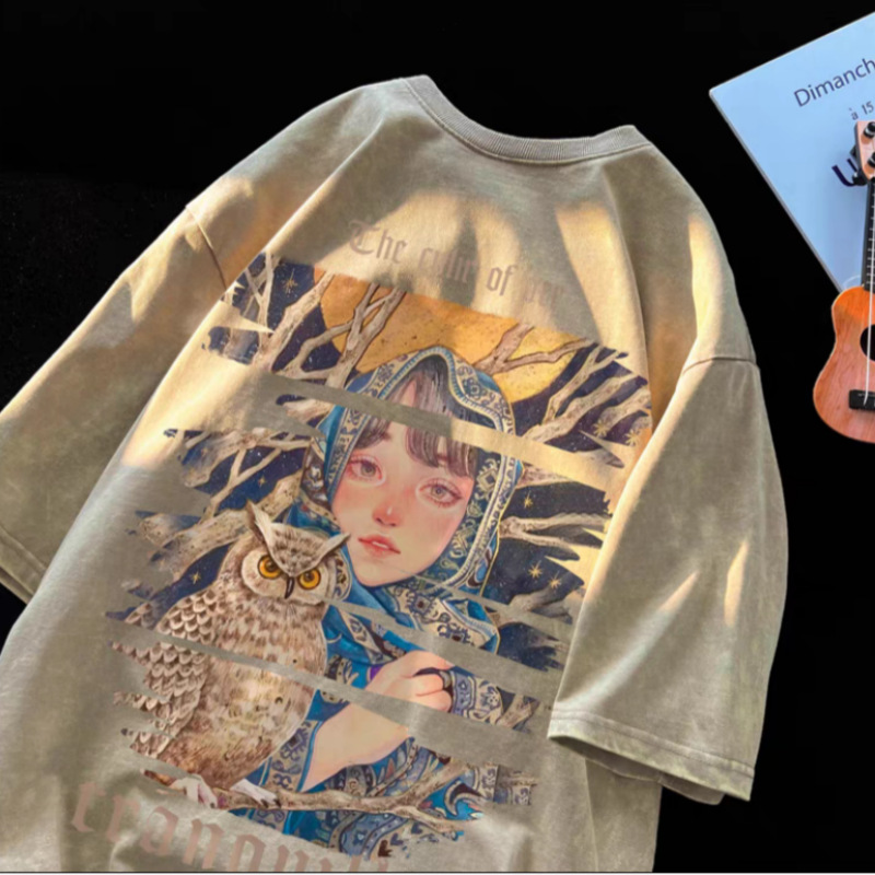 Camiseta de manga corta de algodón puro desgastado lavado retro americano para hombre, camiseta de media manga de marca holgada informal de verano para hombre