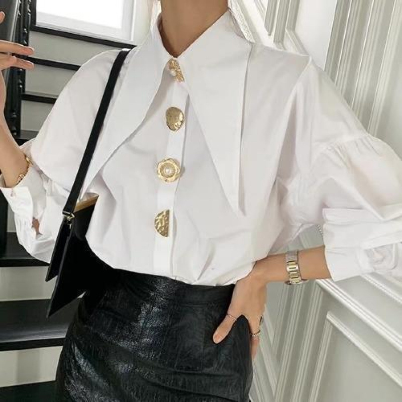 Pointed Collar Blouse for Women White Shirt with Abstract Print Office-to-Date A-Line Top Single Button Closure XS-3XL_voghion.com