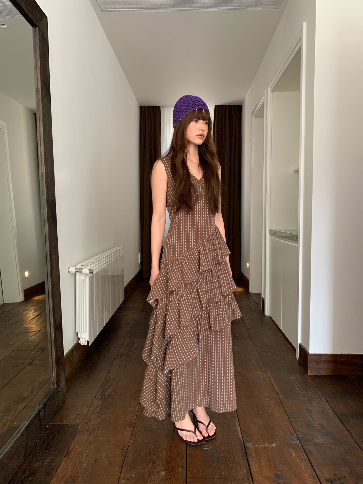 Quanlimei NEWOPEN 25 夏フランスの優しい気質スリム V ネックフリルドレス女性 S5356