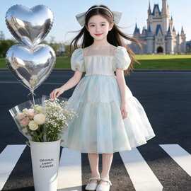 女童夏季蕾丝小飞袖礼服裙珍珠方领网纱长款公主裙儿童生日仙女裙