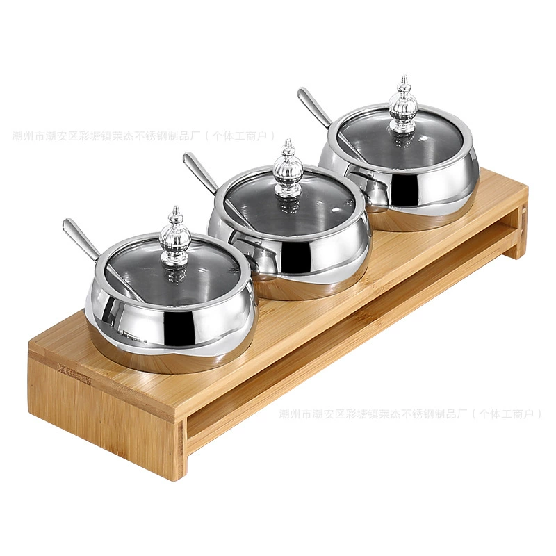 304 stainless steel seasoning box kitchen household commercial seasoning jar seasoning combination bamboo rack set seasoning bottle