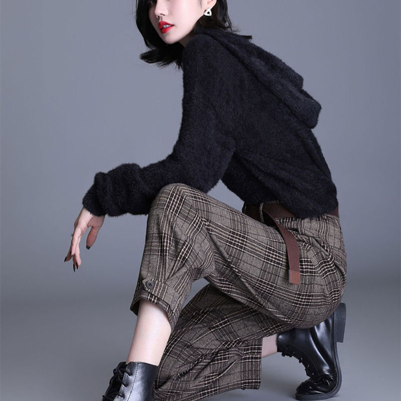 毛呢格子哈伦裤女2025春秋款松紧高腰宽松显瘦黑白格萝卜裤老爹裤|undefined