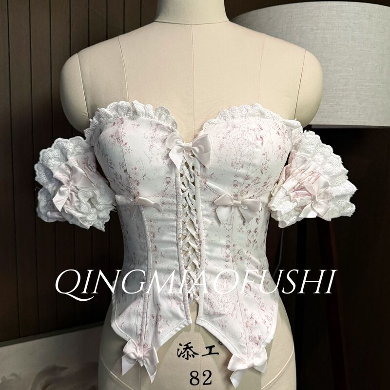 French-Style Sweet Retro Lace Print Fishbone Bra with Breast Pads, Can Be Worn Outside, Slim-Fitting Camisole Top, Tight-Fitting