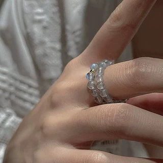 S925纯银气质温柔灰月光银珠戒指女精致清冷感叠戴百搭弹力绳指环