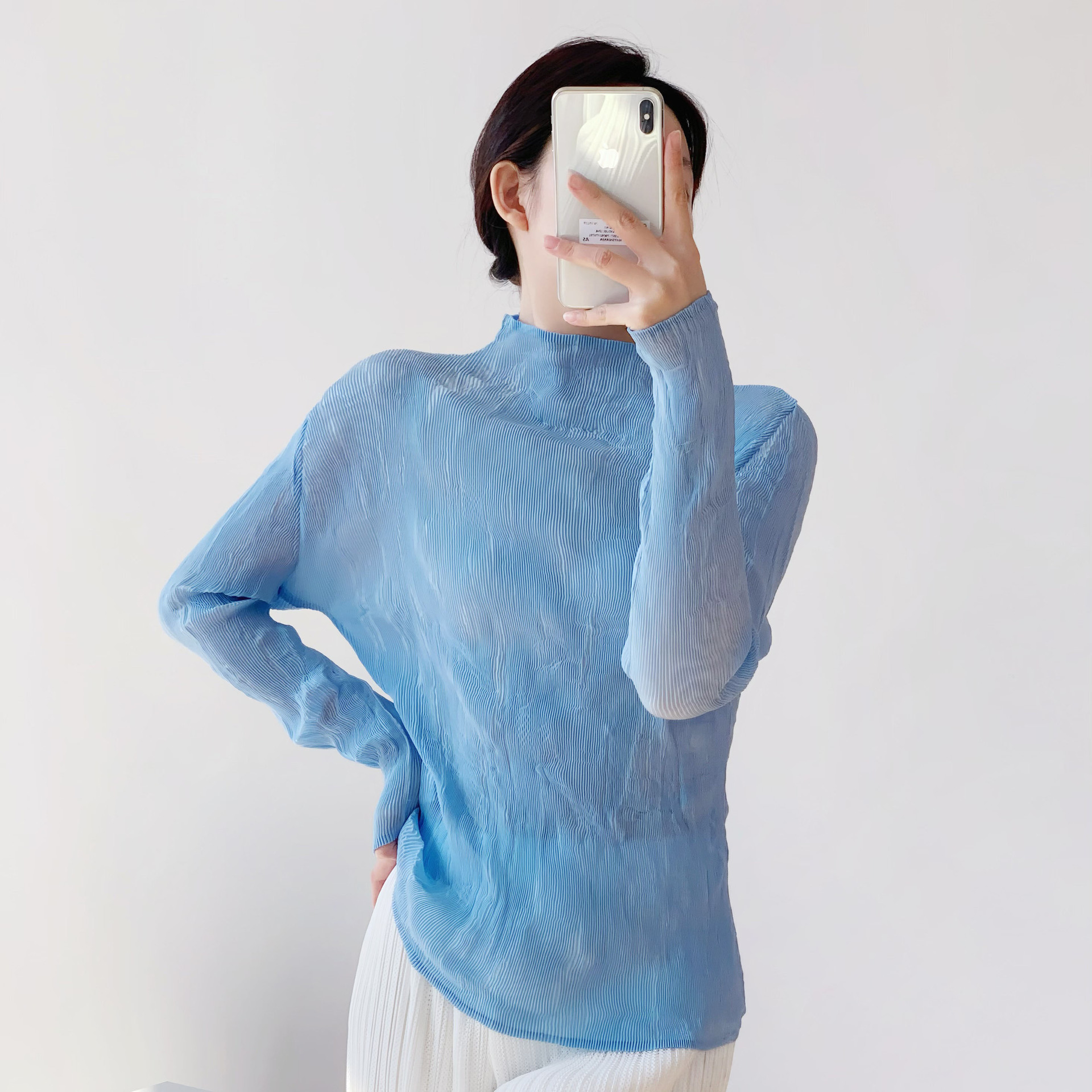 褶皱女装柳条T恤上衣女气质半高领修身设计感时尚百搭打底衫