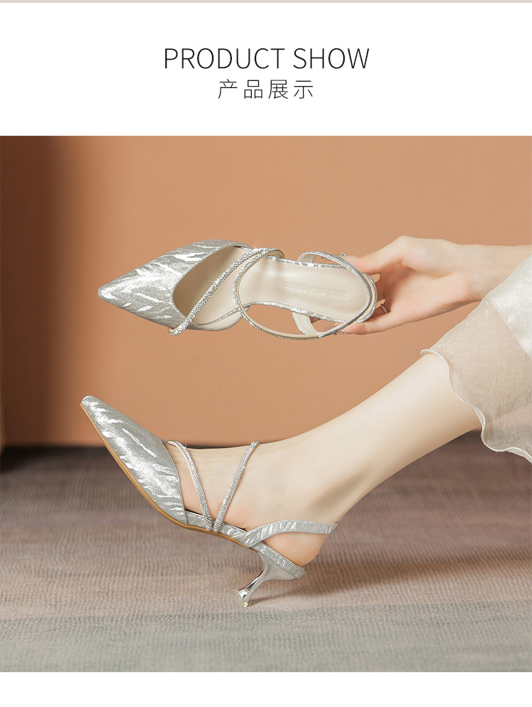 Sandal cao gót nữ mũi nhọn bít mũi đính đá phong cách Pháp — Y781 màu bạc chi tiết 14