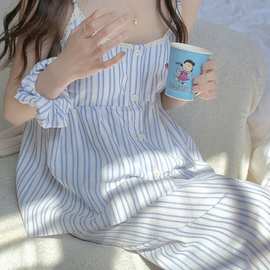 韩国ins女士夏季新款条纹性感吊带美背海边度假家居服套装带胸垫