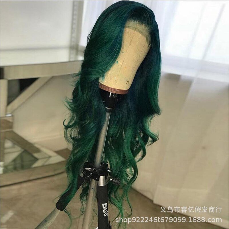 2022 new European and American wig with long bangs on the side, green long curly hair, chemical fiber wig manufacturers wholesale on behalf of hair 2022 new European and American wig with long bangs on the side, green long curly hair, chemical fiber wig manufacturers wholesale on behalf of hair
