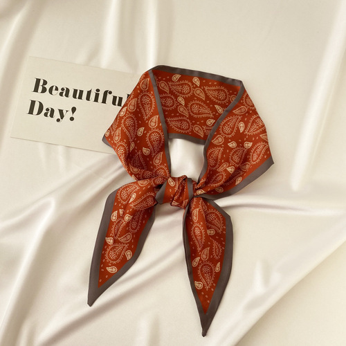 French Retro Cashew Flower Small Silk Scarf Korean New Style Diagonal Small Collar Scarf Spring Autumn Elegant Women Binding Scarf with Tassels Hairband