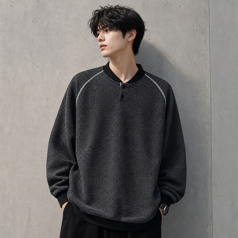 Men's Henry Collar Sweatshirt, New Autumn American Style Trendy Brand Top, Loose Fit, Casual Stand Collar, Simple Men's Jacket Men's Henry Collar Sweatshirt, New Autumn American Style Trendy Brand Top, Loose Fit, Casual Stand Collar, Simple Men's Jacket