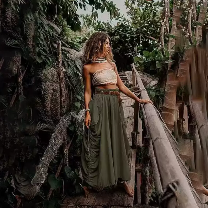 欧美跨境女装废土风半身裙2025抽绳大口袋波西米亚宽松棉长裙女裙