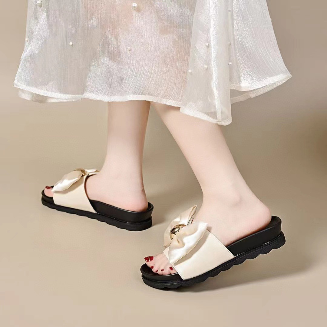 Dép sandal nữ đế bằng da thật quai ngang nơ đi ngoài trời — đen chi tiết 8
