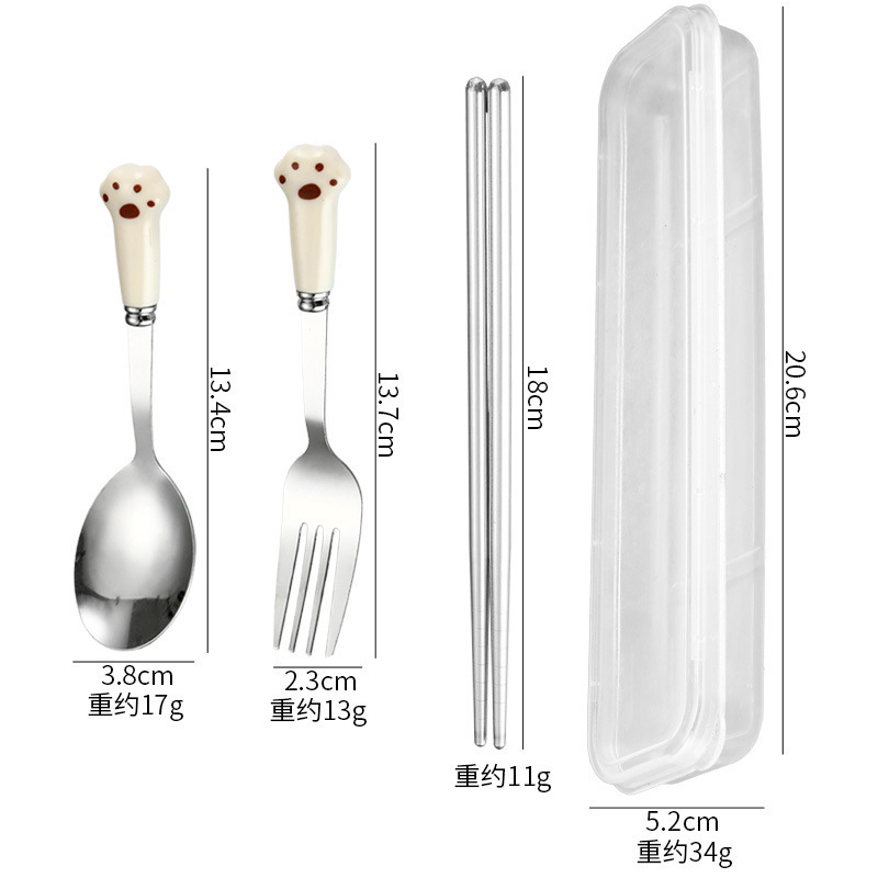 ins风创意陶瓷柄不锈钢勺子叉子筷子餐具三件套可爱猫爪便携套装|undefined