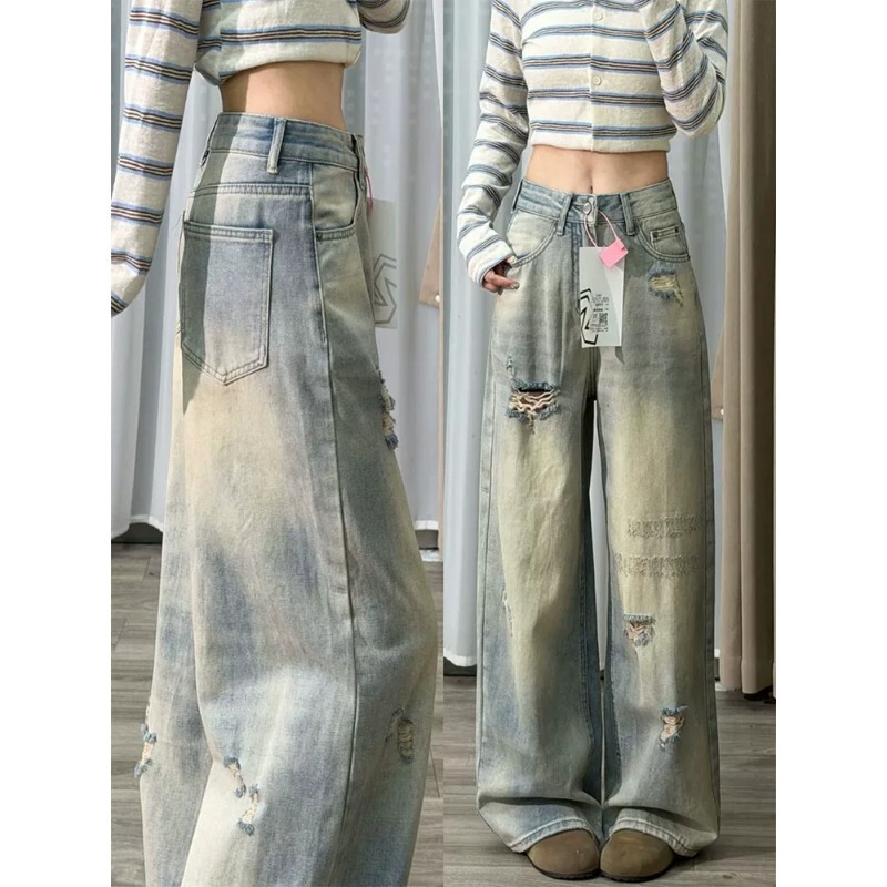 Ripped Jeans, Washed and Distressed, Light Blue Wide-Leg Pants, Plus Size for Curvy Women, Slimming for Pear-Shaped Body, Summer Thin Style