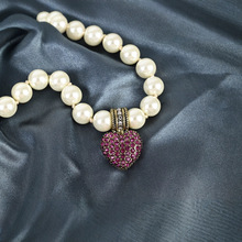 欧美外贸复古珍珠粉钻爱心满钻项链 厂家批发 价优2024新款