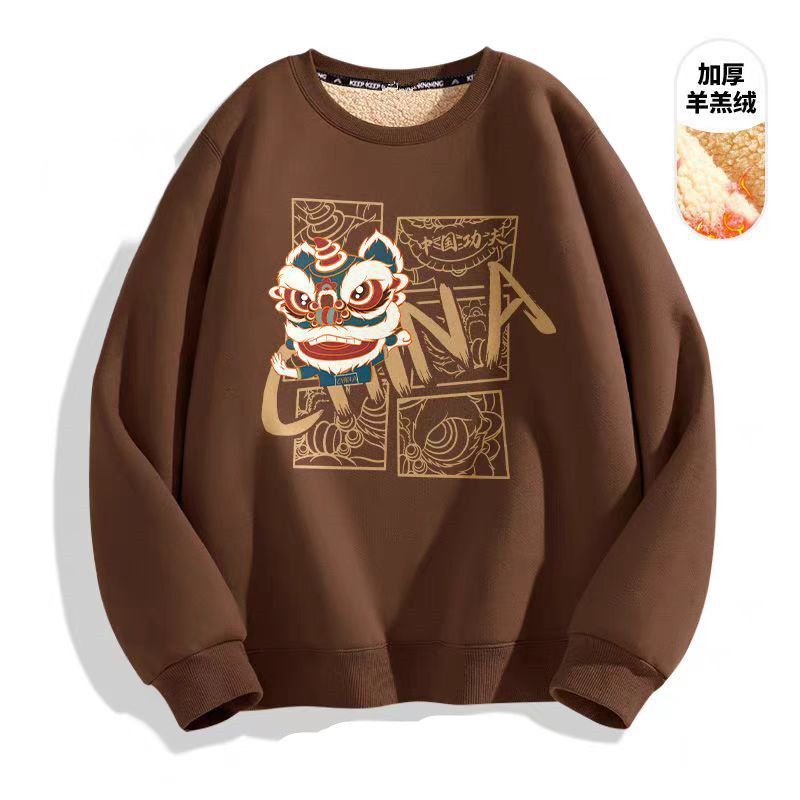 Thick Lamb Velvet Round Neck Sweatshirt Men's Ins Winter Velvet Thickeneded Loose American Retro Men's Clothing 1/2