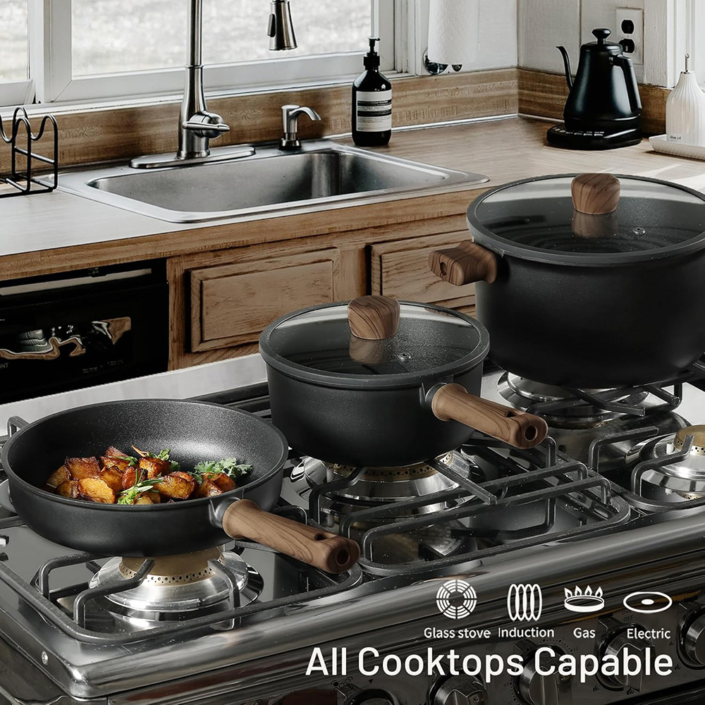 Conjunto de paneles negros transfronterizos general para cocinar y fritar en una olla antiadherente para fritar verduras gruesas de alto valor de color