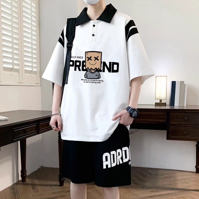 Teen Casual Sports Suit Boys Short-Sleeved Polo Shirt Large Size Men's Handsome Trendy Wear with a Complete Set