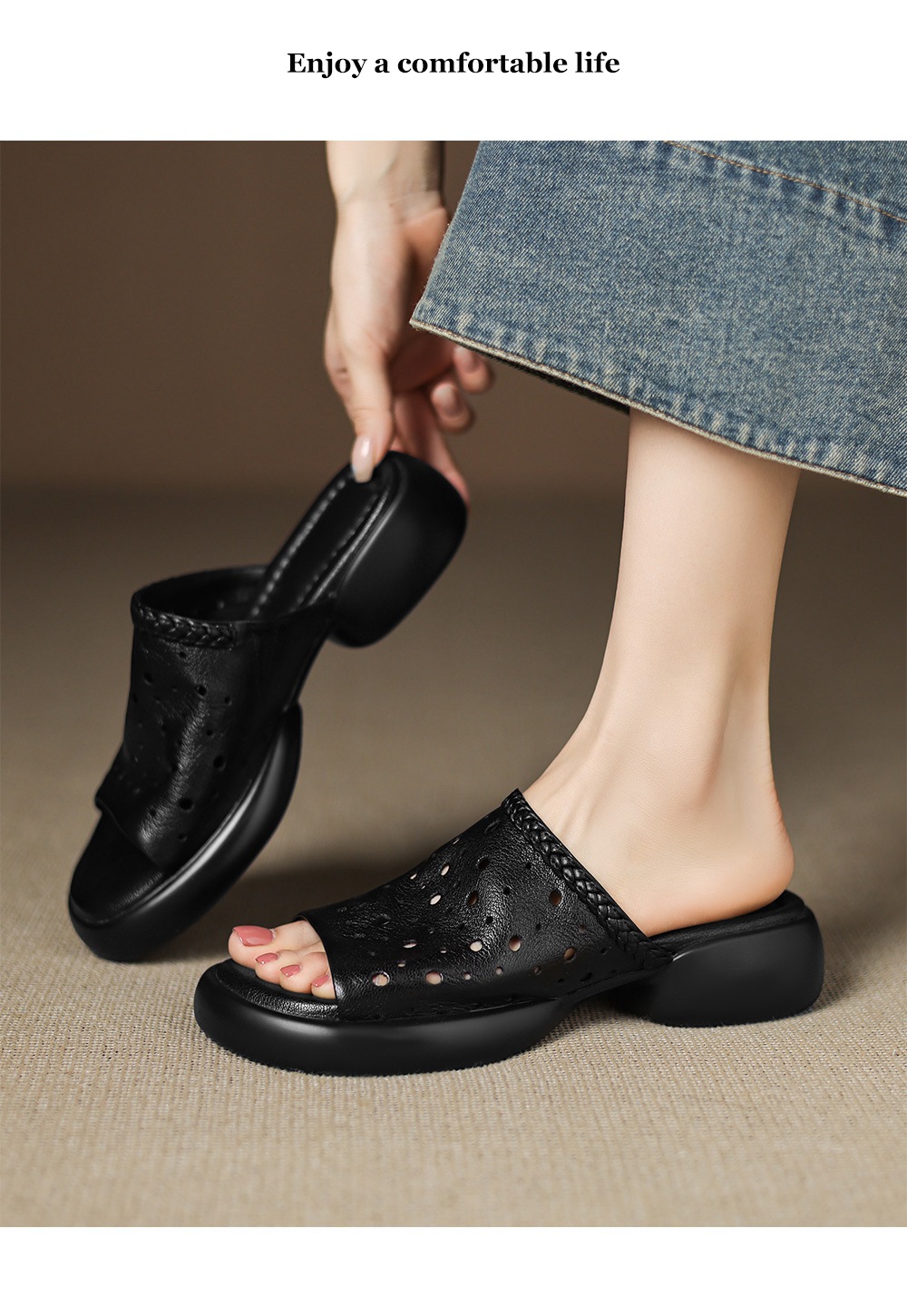 Dép sandal nữ quai chữ V đế dày da cừu mềm đi biển — đen chi tiết 10