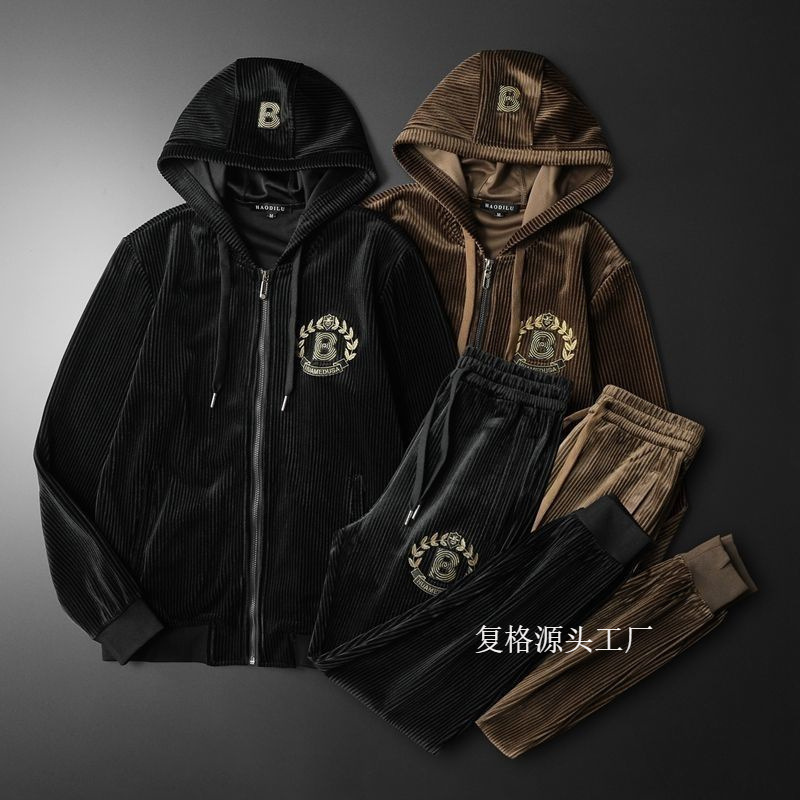 Men's Trendy Gold Velvet Embroidered Suit Hooded Casual Autumn and Winter New Sweatshirt Large Size Sports Suit Two-Piece Set