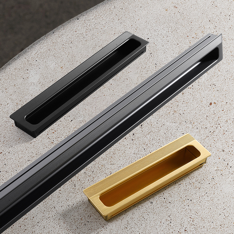 Modern minimalist black embedded groove sliding door handle, built-in extended cabinet drawer wardrobe door handle