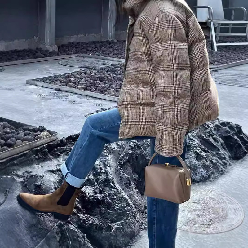 2025 New Model Korean Goose down Jacket with Wool Fabric, Plaid Stand Collar, Oversized Silhouette, Thickened for Women, Suitable for Snowy Weather