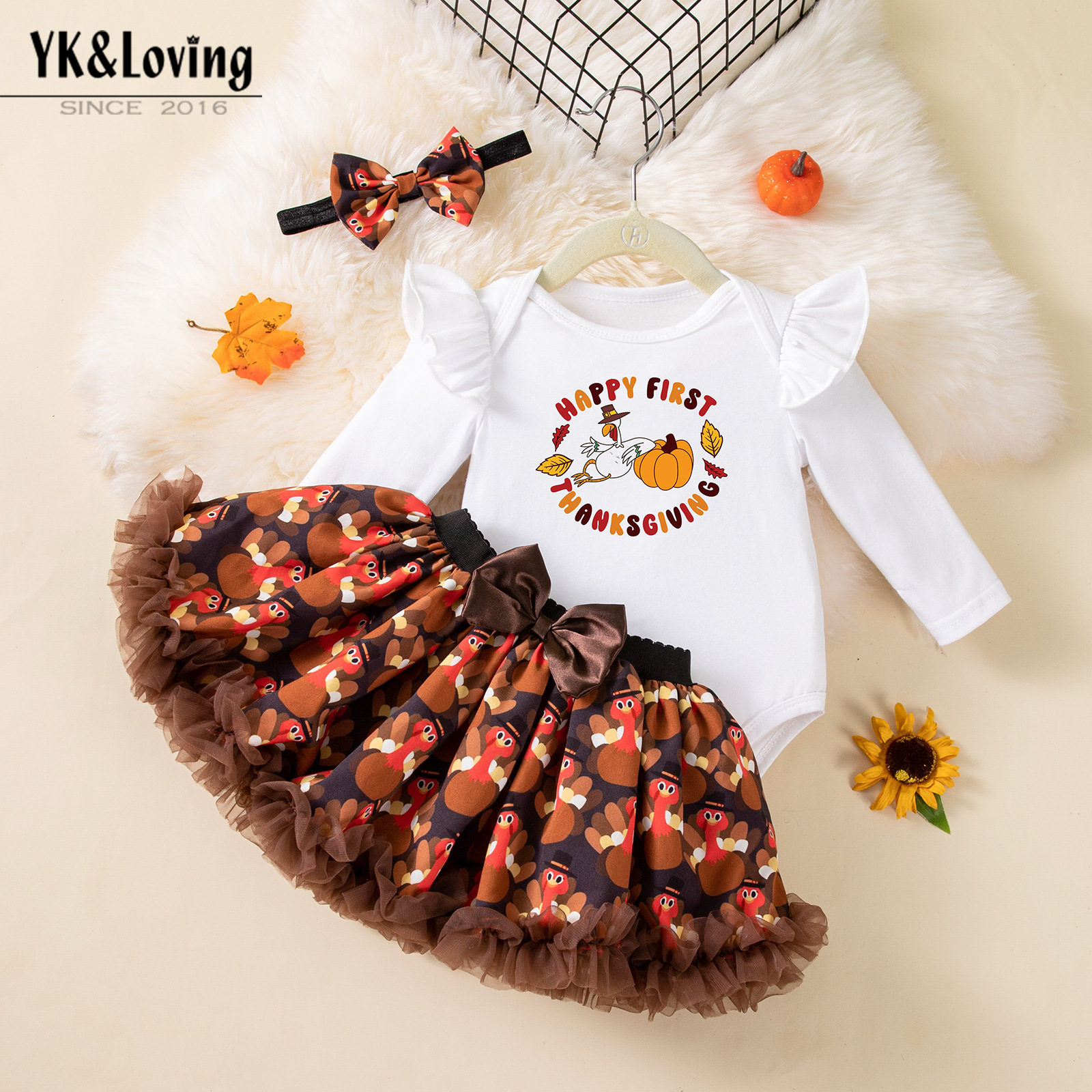 秋冬跨境童装感恩节女宝宝裙套装卡通火鸡长袖哈衣半身裙发饰批发