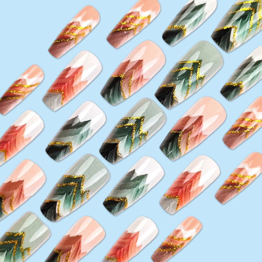 Comercio exterior paisaje polvo de brillo desgaste de uñas nuevas ventas de estilo chino de uñas 24 piezas de uñas falsas transfronterizas al por mayor