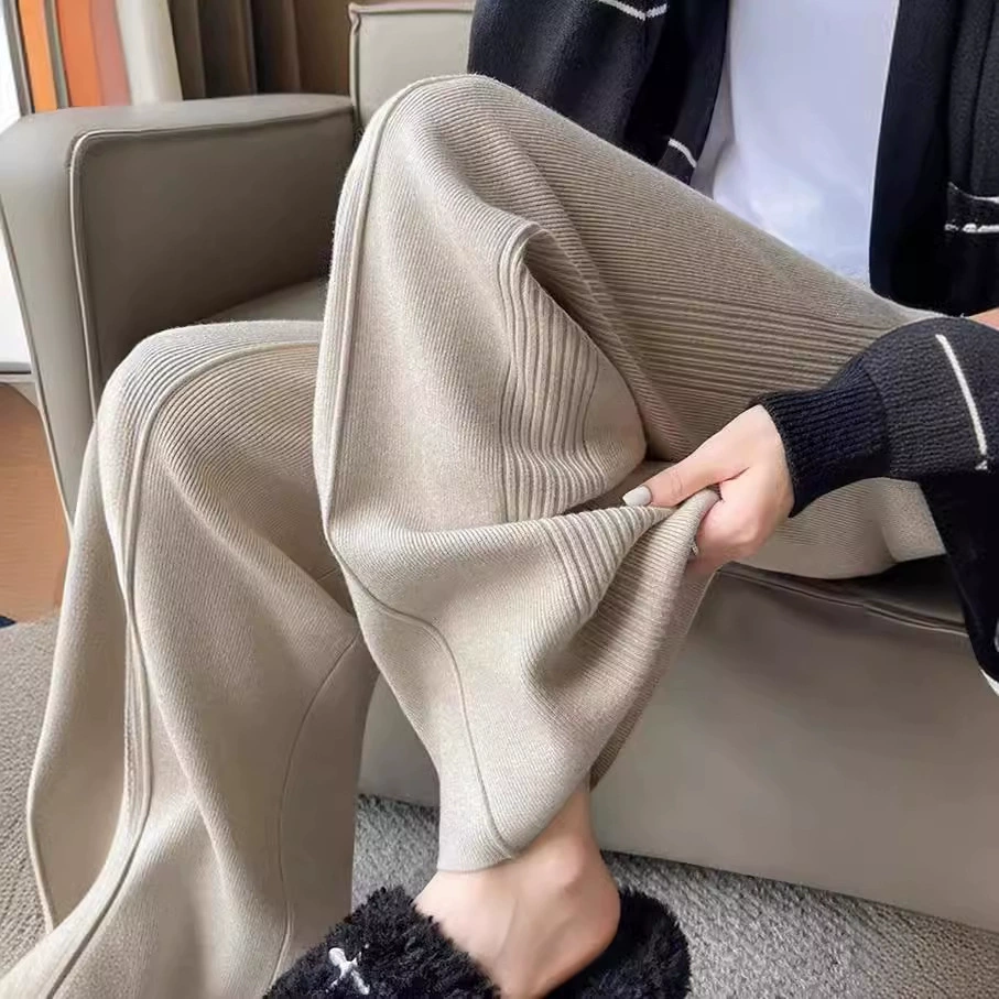 Трансграничные повседневные эластические трикотажные широкие брюки женские осенние и зимние новые маленькие маленькие подвески прямые брюки с высокой талией