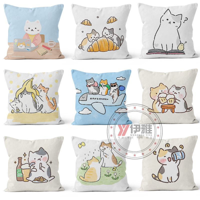 Gato pintado a mano dibujos animados lindo patrón almohada moderna minimalista decoración del hogar almohada coche respaldo almohada cuadrada
