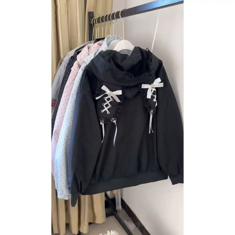 Japanese-style sweet lace ear jacket for female students, Korean version, loose fit, new casual hooded jacket 012 Japanese-style sweet lace ear jacket for female students, Korean version, loose fit, new casual hooded jacket 012