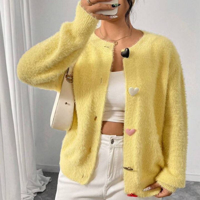 Solid Color Round Neck Casual Colorful Heart Button Sweater Jacket for Women Cross-Border Foreign Trade Imitation Mink Velvet Knitted Cardigan for Women Trendy Solid Color Round Neck Casual Colorful Heart Button Sweater Jacket for Women Cross-Border Foreign Trade Imitation Mink Velvet Knitted Cardigan for Women Trendy