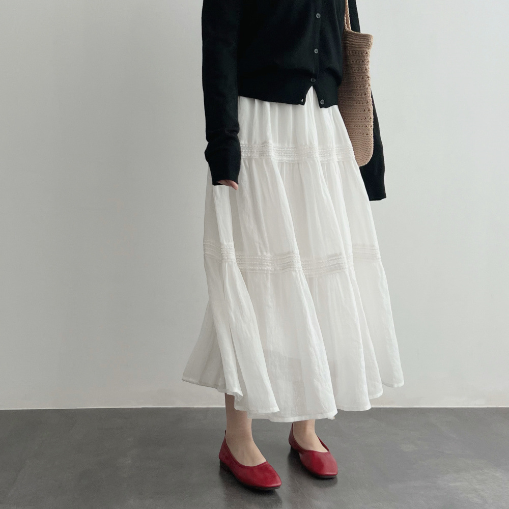 Homemade. Natural Senior Dongting 100 Ramie Lace Stitching A- shape Slimming Cake Skirt Mid-length Summer