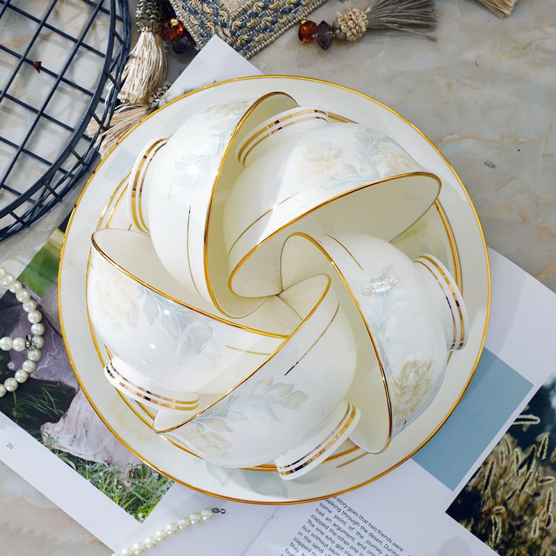 景德镇高档金边陶瓷家用餐具中式防烫高脚碗吃饭碗高颜值组合套装