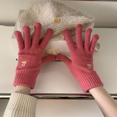 韓国版熊刺繍手袋冬のキャンディー色漏れ指タッチパネルニット保温防寒少女毛糸手袋