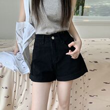 黑色牛仔短裤女夏季百搭2025年新款高腰美式包臀显瘦卷边a字热裤
