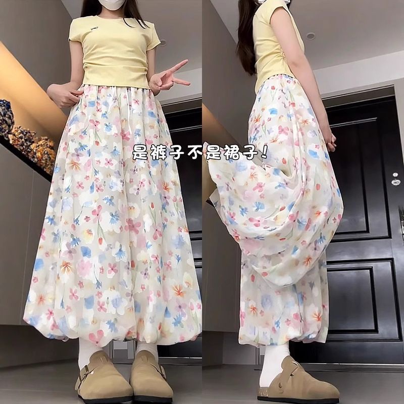 Colorful Floral Wide-Leg Pants for Women, Summer Thin 2025 New High-Waisted Drapey Petite Straight Casual Ice Silk Skirt Pants Colorful Floral Wide-Leg Pants for Women, Summer Thin 2025 New High-Waisted Drapey Petite Straight Casual Ice Silk Skirt Pants