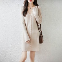 纯羊毛开衫女针织衫外套中长款v领打底过膝连衣裙毛衣女厚款外搭