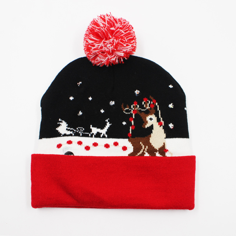 Fabricante transfronterizo de gorros navideños europeos y americanos tejidos en jacquard, gorros navideños de lana con luces LED, gorros navideños con pompón y bufandas. image 24